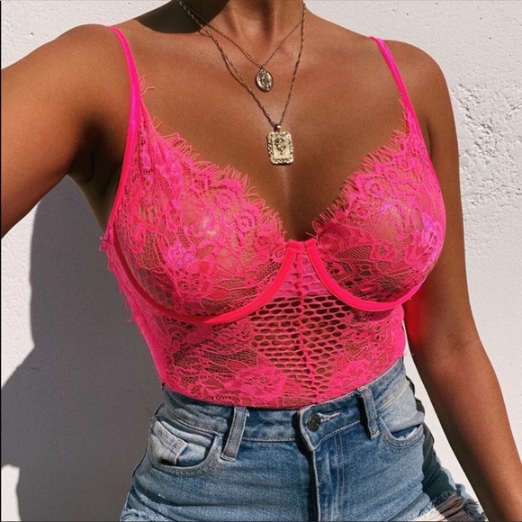 Windsor Tops - Neon Pink Lace Bodysuit 💋